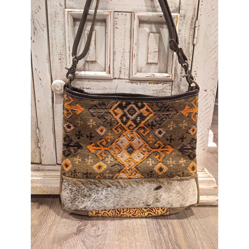Myra Bag Yaourt Aztec Canvas Cowhide Tooled Leather Crossbody Bag Purse
